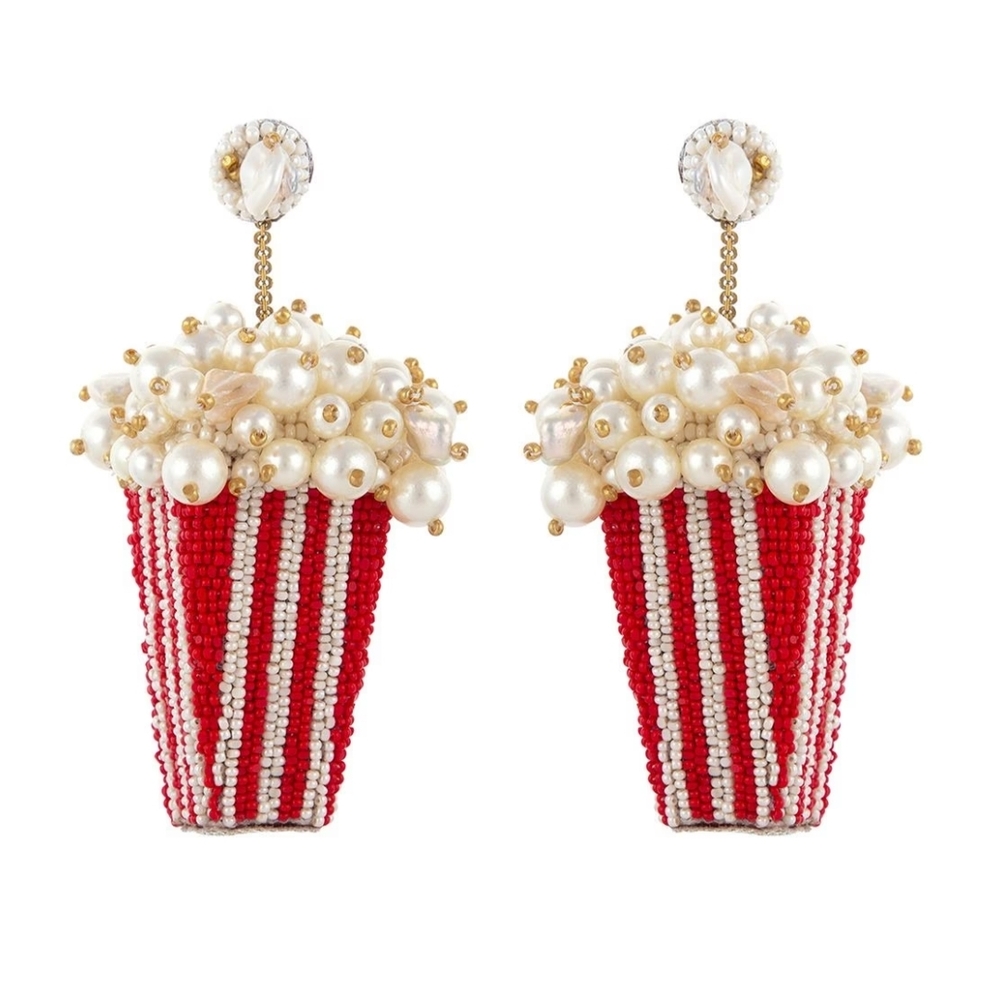 Deepa Gurnani Hand Beaded Red & Ivory Popcorn Drop Earrings